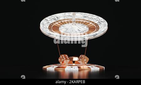 Ruota della roulette, fiches e dadi del poker del casinò, marmo bianco moderno e oro rosa isolato sullo sfondo nero. Possibilità di buona fortuna nel gioco d'azzardo. Foto Stock