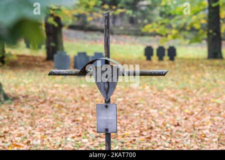 Una visione generale delle tombe dei soldati dell'esercito tedesco morti durante la guerra mondiale del 1st al cimitero di Garrison a Danzica, Polonia sono viste il 1 novembre 2017 le persone celebrano la Giornata di tutti i Santi (Wszystkich Swietych), rispettano i membri della famiglia morti, i fiori laici e le candele accese sulle loro tombe. Tutti i Santi il 1 novembre e tutti i Souls' Day il 2 novembre sono quando milioni di polacchi visitano le tombe di persone care, spesso viaggiando per centinaia di chilometri verso le loro città (Foto di Michal Fludra/NurPhoto) Foto Stock