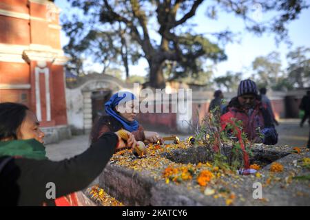 I devoti nepalesi che offrono la preghiera rituale e l'offerta di bastoncini di fragranze in occasione del festival di Bala Chaturdashi celebrato nei locali del Tempio di Pashupatinath, Kathmandu, Nepal venerdì 17 novembre 2017. È creduto che i semi caduti in ricordo di quelli amati in occasione dei rituali di Bala Chaturdashi, possano assicurare un posto migliore in cielo per i loro cari e i loro parenti diminuiti. (Foto di Narayan Maharjan/NurPhoto) Foto Stock