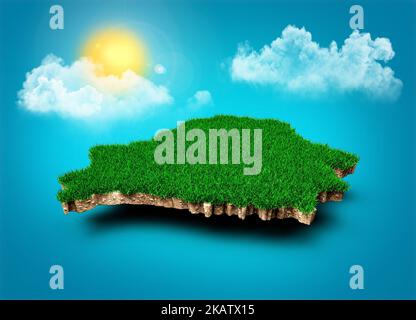 Belarus Map, Realistic 3D Map of Belarusian Clouds Tree Suns on Bright blue Sky 3D Illustration Foto Stock