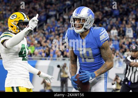 Il ricevitore di Detroit Lions Kenny Golladay (19) reagisce dopo aver preso un passaggio durante la seconda metà di una partita di football NFL contro i Green Bay Packers di Detroit, Michigan USA, domenica 31 dicembre 2017. (Foto di Jorge Lemus/NurPhoto) Foto Stock