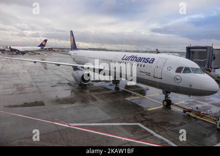 La flotta di Lufthansa come si vede all'aeroporto di Francoforte in Germania, il principale hub per la compagnia aerea. Lufthansa è la 10th compagnia aerea più grande del mondo con passeggeri trasportati nel 2016. La compagnia aerea possiede un fleeet di 273 aeromobili e 130 ordini. Lufthansa gestisce entrambi i super jumbo Jets Airbus A380 e Boeing 747-8 e 747-400. Lufthansa è anche il cliente di lancio della serie Airbus A320neo e già vola la A350. La compagnia aerea è uno dei membri fondatori della Star Alliance Aviation Affiliation. L'aeroporto di Francoforte è un aeroporto internazionale che collega la città tedesca al mondo (Photo by Nicolas Econo Foto Stock