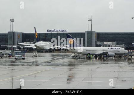 La flotta di Lufthansa come si vede all'aeroporto di Francoforte in Germania, il principale hub per la compagnia aerea. Lufthansa è la 10th compagnia aerea più grande del mondo con passeggeri trasportati nel 2016. La compagnia aerea possiede un fleeet di 273 aeromobili e 130 ordini. Lufthansa gestisce entrambi i super jumbo Jets Airbus A380 e Boeing 747-8 e 747-400. Lufthansa è anche il cliente di lancio della serie Airbus A320neo e già vola la A350. La compagnia aerea è uno dei membri fondatori della Star Alliance Aviation Affiliation. L'aeroporto di Francoforte è un aeroporto internazionale che collega la città tedesca al mondo (Photo by Nicolas Econo Foto Stock