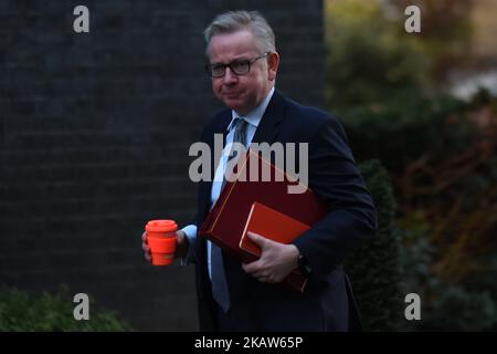 Il Segretario di Stato per l'ambiente, l'alimentazione e gli affari rurali Michael Gove arriva a Downing Street per partecipare alla riunione settimanale del Gabinetto, Londra, il 16 gennaio 2018. Donald Tusk, il presidente del consiglio europeo, sta ora liquidando il dibattito in seno al parlamento europeo. Egli afferma di accogliere con favore ciò che hanno detto altri deputati, concordando con i suoi commenti sulla Brexit. (Foto di Alberto Pezzali/NurPhoto) Foto Stock