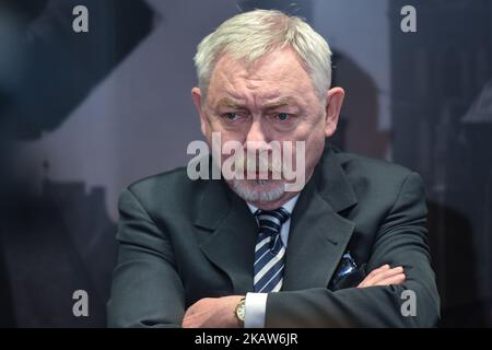 Jacek Majchrowski, Sindaco della capitale reale di Cracovia durante una conferenza stampa sulle celebrazioni di Cracovia del 100th° anniversario della riconquista dell'indipendenza della Polonia, il 16 gennaio 2018, nel Municipio di Cracovia, Polonia. (Foto di Artur Widak/NurPhoto) Foto Stock