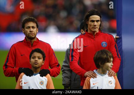 Il brasiliano Neymar di Parigi Saint-Germain e il brasiliano Edinson Cavani di Parigi Saint-Germain prima della partita Ligue 1 tra Parigi Saint Germain e Montpellier Herault SC al Parc des Princes il 27 gennaio 2018 a Parigi. (Foto di Mehdi Taamallah/NurPhoto) Foto Stock