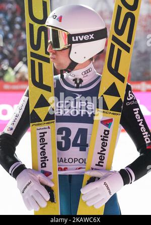 Simon Ammann della Svizzera dopo il salto di apertura della serie del concorso individuale Large Hill alla FIS Ski Jumping World Cup, a Zakopane, Polonia. Domenica 28 gennaio 2018, a Zakopane, Polonia. (Foto di Artur Widak/NurPhoto) Foto Stock
