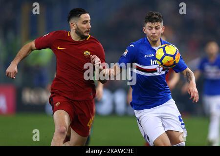 Konstantin Manolas di Roma e Dawid Kownacki di Sampdoria durante la Serie Italiana Una partita di calcio tra A.S. Roma e Sampdoria allo Stadio Olimpico di Roma il 28 gennaio 2018. (Foto di Matteo Ciambelli/NurPhoto) Foto Stock