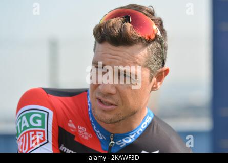 L'irlandese Nicolas Roche del BMC Racing Team, in preparazione per il Ras al Khaimah Stage, 190 km seconda tappa del Tour di Dubai 2018, con partenza da Skydive Dubai e arrivo a Ras al Khaimah. Mercoledì 7 febbraio 2018 a Dubai, Emirati Arabi Uniti. (Foto di Artur Widak/NurPhoto) Foto Stock