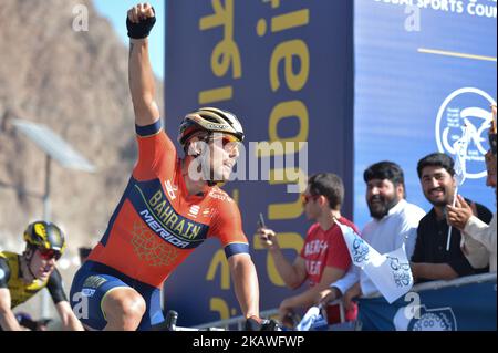 Il Sonny Colbrelli italiano del Bahrain-Merida Team festeggia dopo aver vinto il Dubai Municipal Stage, 172 km quarta tappa del Tour di Dubai 2018, con partenza da Skydive Dubai e arrivo alla diga di Hatta-Hatta. Venerdì 9 febbraio 2018, ad Hatta, Emirati di Dubai, Emirati Arabi Uniti. (Foto di Artur Widak/NurPhoto) Foto Stock