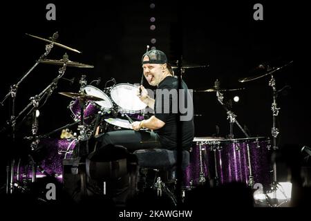 Lars Ulrich, della band americana heavy metal metallica, ha suonato dal vivo al pala Alpitour di Torino il 10 febbraio 2018. (Foto di Roberto Finizio/NurPhoto) Foto Stock