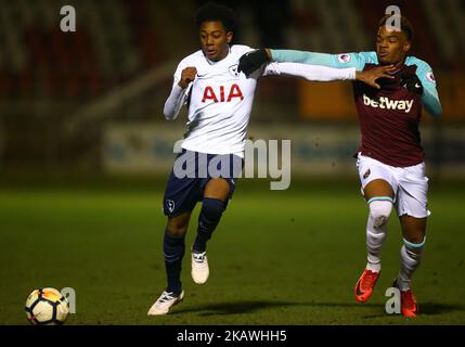 Durante la partita della Premier League 2 Division 1 tra West Ham United Under 23s e Tottenham Hotspur Under 23s a Dagenham e Redbridge Chigwell Construction Stadium, Dagenham, Inghilterra, il 12 febbraio 2018. (Foto di Kieran Galvin/NurPhoto) Foto Stock