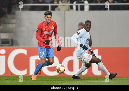 Florinel Coman di Steaua vs Bastos di Quissanga del Lazio durante la partita della UEFA Europa League 32 tra Steaua Bucarest e Lazio all'Arena Nazionale il 15 febbraio 2018 a Bucarest, Romania. (Foto di Alex Nicodim/NurPhoto) Foto Stock