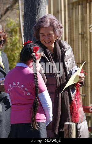 La regina Sofia di Spagna partecipa a un atto ufficiale per la conservazione degli orsi panda giganti presso lo Zoo Aquarium il 23 febbraio 2018 a Madrid, Spagna. (Foto di Oscar Gonzalez/NurPhoto) Foto Stock