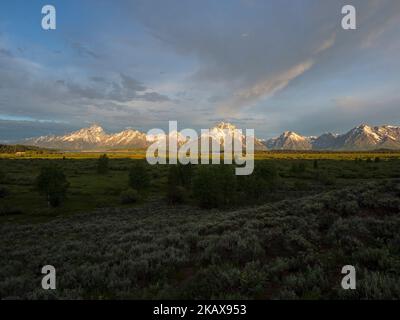 Teton Mountain Range e Willow Flats nella luce del mattino presto da Willow Flats Turnout, Grand Teton National Park, Wyoming, USA, giugno 2019 Foto Stock