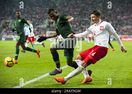 Dawid Kownacki, di Polonia, dà il via alla palla durante la partita internazionale amichevole tra Polonia e Nigeria allo stadio di Wroclaw, Polonia, il 23 marzo 2018 (Foto di Andrew Surma/NurPhoto) Foto Stock