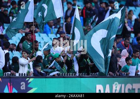 SCG, NSW, Australia: 3rd novembre 2022; T20 Coppa del mondo Cricket, Pakistan contro Sud Africa: I tifosi del Pakistan attraverso la foschia di fumo fuochi d'artificio Foto Stock