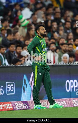 3rd novembre 2022; SCG, NSW, Australia: T20 Coppa del mondo di cricket, Pakistan contro Sud Africa: Shadab Khan del Pakistan che si accampano al confine Foto Stock