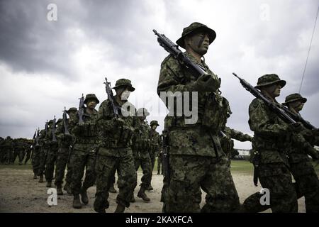 Soldati della forza di autodifesa di terra giapponese (JGSDF) chiamati la Brigata di spiegamento rapido anfibio partecipano ad una cerimonia a Camp Ainoura a Sasebo, nella prefettura di Nagasaki, Giappone il 7 aprile 2018. (Foto di Richard Atrero de Guzman/NurPhoto) Foto Stock