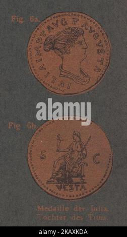 Antico 19th ° secolo germania numismatica catalogo illustrato con interessanti tecniche di stampa / Antiker numismatischer illustratore Katalog aus dem 19. Jahrhundert mit interessanter Drucktechnik : Medaille der Julia tochter des Tito / Medaglia di Julia figlia di Tito / monete romane Foto Stock