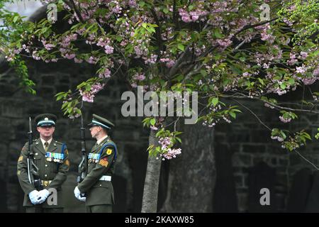 Membri delle forze di difesa irlandesi in attesa della cerimonia di commemorazione dei leader di Arbour Hill 1916 nella Chiesa dei Sacri. Mercoledì 9 maggio 2018 a Dublino, Irlanda. (Foto di Artur Widak/NurPhoto) Foto Stock