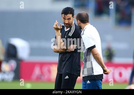 Gianluigi Buffon e Giovio Chiellini della Juventus salutano i tifosi allo Stadio Olimpico di Roma il 13 maggio 2018 durante la Serie A match tra ROMA e Juventus. (Foto di Matteo Ciambelli/NurPhoto) Foto Stock