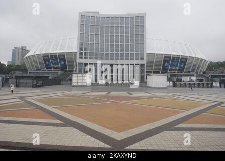 Una panoramica generale dello stadio di calcio NSC Olimpiyskiy, dove si terrà la finale della finale di UEFA Champions League 2018 , Kiev, Ucraina, 14 maggio 2018 . Kiev si prepara alla finale di UEFA Champions League 2018 che si disputerà il 26 maggio presso lo Stadio Olimpiyskiy della NSC. (Foto di Str/NurPhoto) Foto Stock