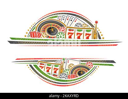 Vector Border per Casino con spazio vuoto per testo pubblicitario, invito decorativo con illustrazione della ruota della roulette, mulinello di slot m. Illustrazione Vettoriale