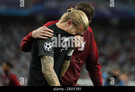 Il portiere di Liverpool Loris Karius reagisce dopo la partita finale della Champions League tra il Real Madrid e Liverpool allo Stadio Olimpico di Kiev. Ucraina, Sabato, Maggio 26, 2018 (Foto di Danil Shamkin/NurPhoto) Foto Stock