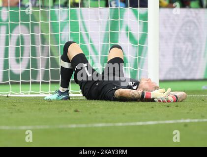 Il portiere Loris Karius del Liverpool FC reagisce durante la finale della UEFA Champions League tra il Real Madrid e Liverpool il 26 maggio 2018 allo stadio NSC Olimpiyskiy di Kyiv, Ucraina. (Foto di Raddad Jebarah/NurPhoto) Foto Stock