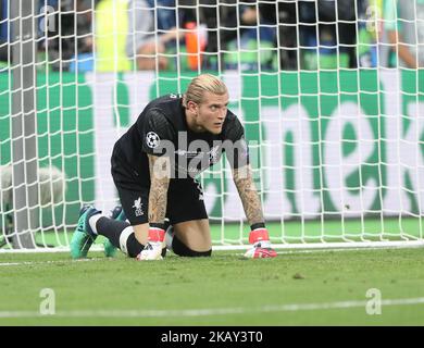 Il portiere Loris Karius del Liverpool FC reagisce durante la finale della UEFA Champions League tra il Real Madrid e Liverpool il 26 maggio 2018 allo stadio NSC Olimpiyskiy di Kyiv, Ucraina. (Foto di Raddad Jebarah/NurPhoto) Foto Stock