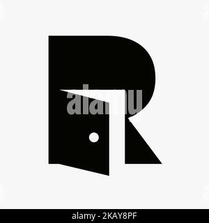 Il design del logo della porta Letter R combinato con il modello vettoriale dell'icona della porta aperta minimal Illustrazione Vettoriale