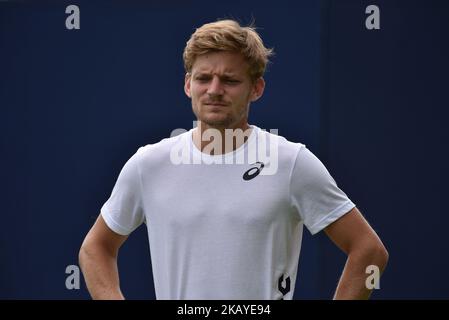 David Goffin (bel) è rappresentato durante una sessione di allenamento durante il primo giorno dei Fever-Tree Championships al Queens Club, Londra, il 18 giugno 2018. (Foto di Alberto Pezzali/NurPhoto) Foto Stock