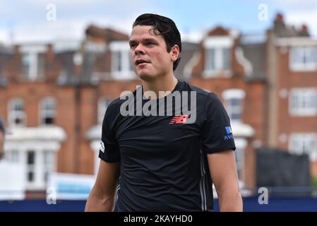 Il Canada Milos Raonic reagisce allo Yuki Bhambri indiano durante il primo incontro maschile di single al torneo di tennis ATP Queen's Club Championships nella parte ovest di Londra, Regno Unito, il 19 giugno 2018. (Foto di Alberto Pezzali/NurPhoto) Foto Stock