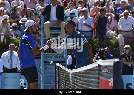 Feliciano Lopez di Spagna (L) reagisce dopo la sconfitta a Nick Kyrgios d'Australia (R) durante la loro finale 1/4 il giorno 5 del Fever-Tree Championships al Queens Club il 22 giugno 2018 a Londra, Regno Unito. (Foto di Alberto Pezzali/NurPhoto) Foto Stock