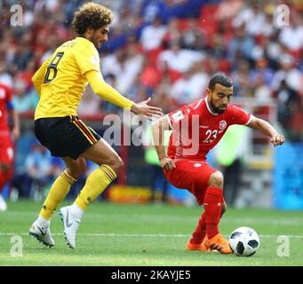 Gruppo G Belgio / Tunisia - Coppa del mondo FIFA Russia 2018 Marouane Fellaini (Belgio) e Naim Sliti (Tunisia) allo stadio Spartak di Mosca, Russia il 23 giugno 2018. (Foto di Matteo Ciambelli/NurPhoto) Foto Stock