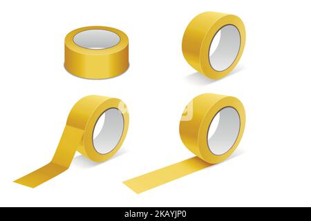 Set icone rotolo di nastro giallo Vector Realistic Beige 3D, chiusura con mock-up isolata su sfondo bianco. Modello di progettazione del rotolo di nastro adesivo di imballaggio o. Illustrazione Vettoriale