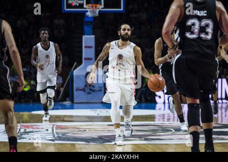 Ricky Rubio dalla Spagna dello Utah Jazz durante la simpatica e amichevole partita Pau Gasol vs Marc Gasol, con giocatori europei e americani NBA per aiutare i giovani giocatori di basket e le squadre in via di sviluppo a Fontajau Pavillion, Girona il 8 luglio del 2018. (Foto di Xavier Bonilla/NurPhoto) Foto Stock