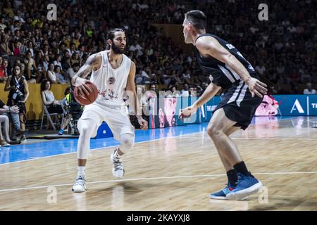 Ricky Rubio dalla Spagna dello Utah Jazz durante la simpatica e amichevole partita Pau Gasol vs Marc Gasol, con giocatori europei e americani NBA per aiutare i giovani giocatori di basket e le squadre in via di sviluppo a Fontajau Pavillion, Girona il 8 luglio del 2018. (Foto di Xavier Bonilla/NurPhoto) Foto Stock