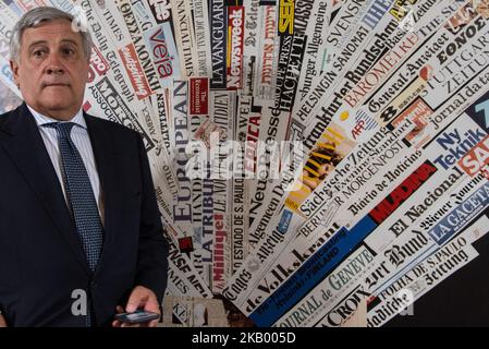 Il Presidente del Parlamento europeo, Antonio Tajani, partecipa a una conferenza stampa presso la sede dell'associazione stampa estera il 9 luglio 2018 a Roma (Foto di Andrea Ronchini/NurPhoto) Foto Stock