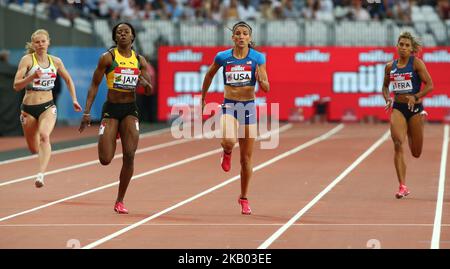 L-R Shericka Jackson della Giamaica e Jenna Prandini degli Stati Uniti gareggiano nelle 200m Donne durante la Coppa del mondo di atletica Londra 2018 al London Stadium, Londra, il 15 luglio 2018 (Photo by Action Foto Sport/NurPhoto) Foto Stock