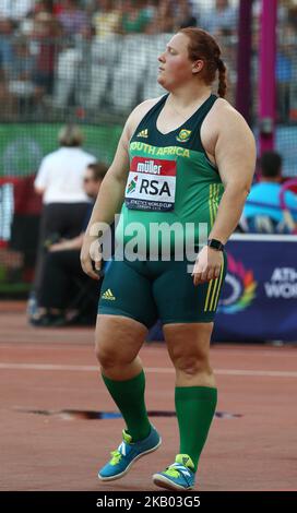 Ischke Senekal del Sudafrica gareggia in The Shot Put Women durante la Coppa del mondo di atletica London 2018 al London Stadium, Londra, il 15 luglio 2018 (Photo by Action Foto Sport/NurPhoto) Foto Stock