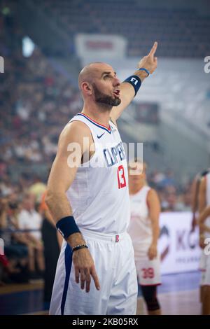 Marcin Gortat durante il gioco di basket di beneficenza 'Gortat Team' (celebrità) contro l'Esercito Polacco, organizzato da Marcin Gortat (giocatore NBA), all'Atlas Arena di Lodz, Polonia il 21 luglio 2018 (Foto di Mateusz Wlodarczyk/NurPhoto) Foto Stock