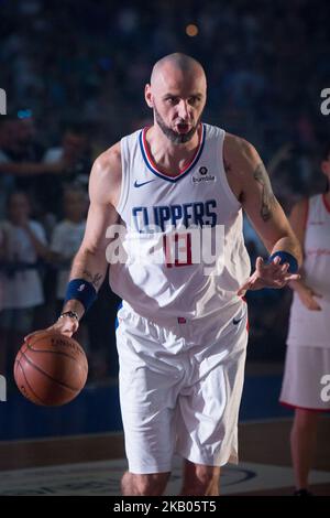 Marcin Gortat durante il gioco di basket di beneficenza 'Gortat Team' (celebrità) contro l'Esercito Polacco, organizzato da Marcin Gortat (giocatore NBA), all'Atlas Arena di Lodz, Polonia il 21 luglio 2018 (Foto di Mateusz Wlodarczyk/NurPhoto) Foto Stock