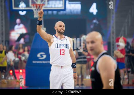 Marcin Gortat durante il gioco di basket di beneficenza 'Gortat Team' (celebrità) contro l'Esercito Polacco, organizzato da Marcin Gortat (giocatore NBA), all'Atlas Arena di Lodz, Polonia il 21 luglio 2018 (Foto di Mateusz Wlodarczyk/NurPhoto) Foto Stock