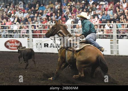 capodistria Josh Eirikson di Pincher Creek, AB, in azione durante il K-Days Rodeo di Edmonton. Domenica 22 luglio 2018, a Edmonton, Alberta, Canada. (Foto di Artur Widak/NurPhoto) Foto Stock