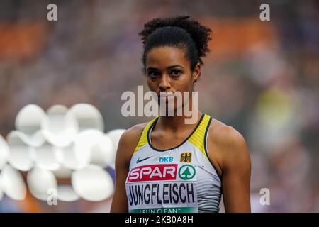 Marie-Laurence Jungfleisch in Germania durante la qualifica di High Jump per le donne allo Stadio Olimpico di Berlino al Campionato europeo di Atletica 8/8/2018. (Foto di Ulrik Pedersen/NurPhoto) Foto Stock