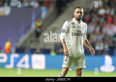 Dani Carvajal del Real reagisce durante la Super Cup UEFA tra il Real Madrid e l'Atletico Madrid allo stadio Lillekula il 15 agosto 2018 a Tallinn, Estonia. (Foto di Ahmad Mora/NurPhoto) Foto Stock