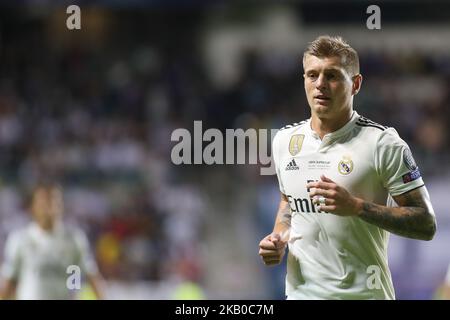 Toni Kroos del Real reagisce durante la Super Cup UEFA tra il Real Madrid e l'Atletico Madrid allo Stadio Lillekula il 15 agosto 2018 a Tallinn, Estonia. (Foto di Ahmad Mora/NurPhoto) Foto Stock