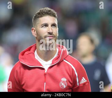 Sergio Ramos reagisce dopo la partita della Super Coppa UEFA tra il Real Madrid e l'Atletico Madrid allo stadio di Lillekula il 15 agosto 2018 a Tallinn, Estonia. (Foto di Ahmad Mora/NurPhoto) Foto Stock